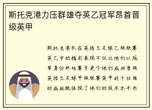 斯托克港力压群雄夺英乙冠军昂首晋级英甲 斯托克港力压群雄夺英乙冠军昂首晋级英甲