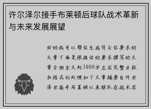 许尔泽尔接手布莱顿后球队战术革新与未来发展展望